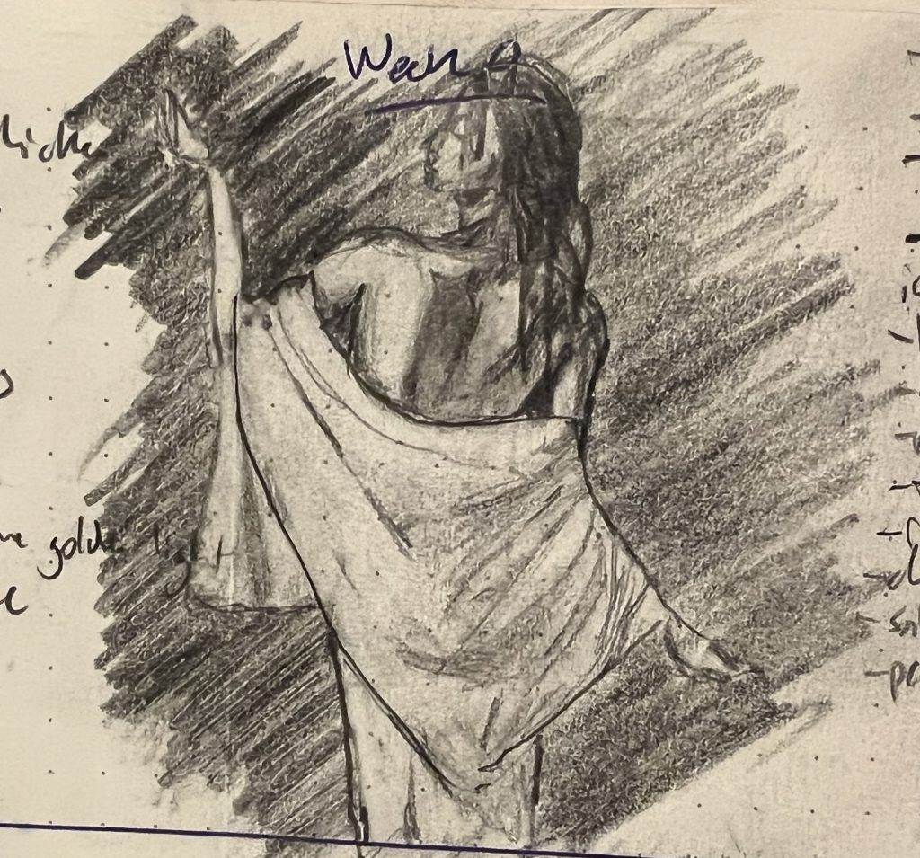 Pencil sketch of a standing woman facing away from the viewer and draped in a white sheet, her back exposed. 