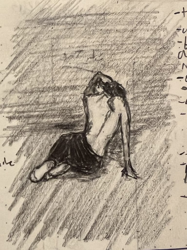 Pencil sketch of a seated woman facing away from the viewer, her back exposed.