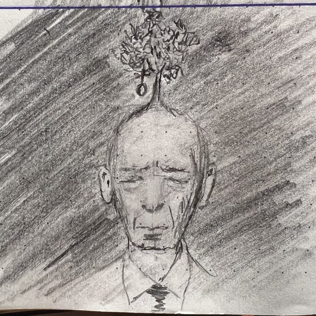 A pencil sketch of an old man, resting with eyes closed, a tree with tire swing sprouting from his head