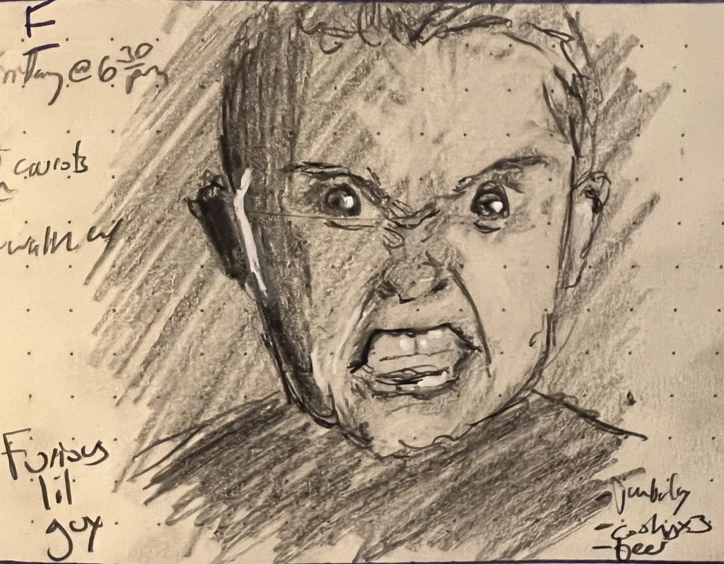 Pencil sketch of a snarling, furious little boy furrowing his brow and bearing his teeth.