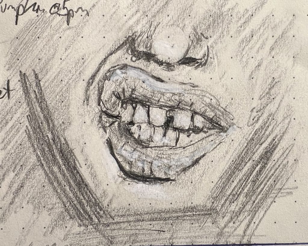 Pencil sketch of a close up of a sneering mouth