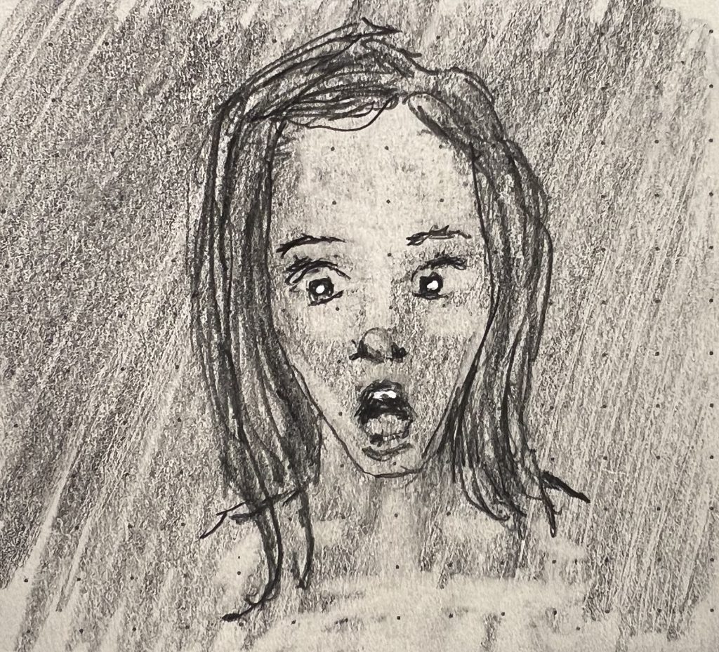 Pencil sketch of a shocked girl