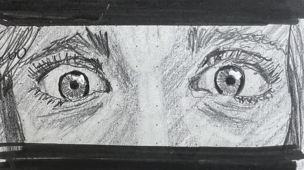 A pencil sketch zoomed in on a pair of dismayed eyes.