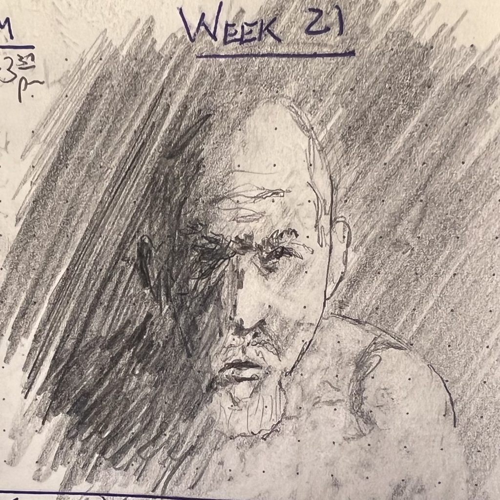 Pencil sketch of an old glowering man, heavily shadowed