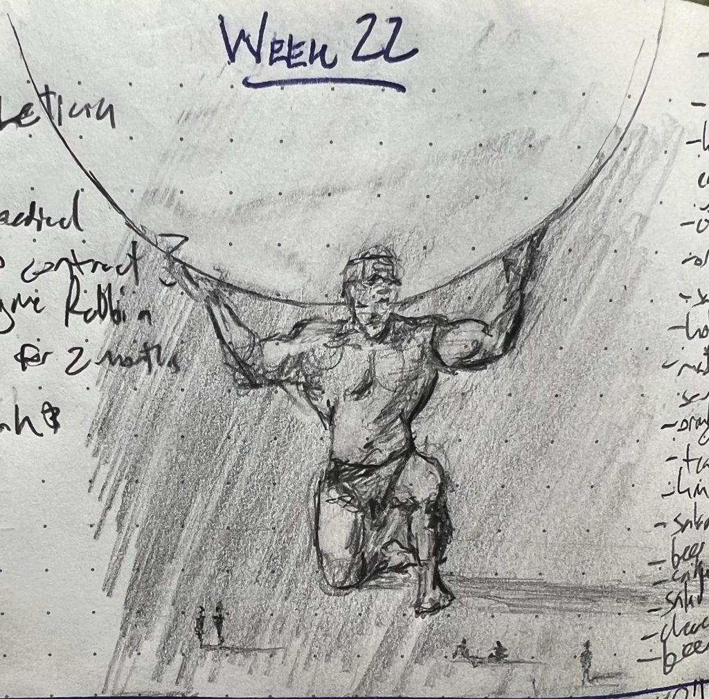 A sketch of a colossal man holding a huge orb aloft, his labors entirely ignored by the puny little humans going about their lives below