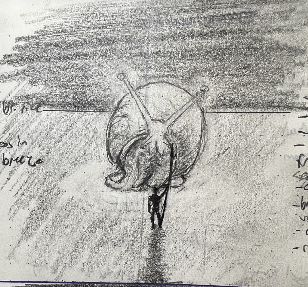 A pencil sketch of a lone picket blocking the path of an invading snail