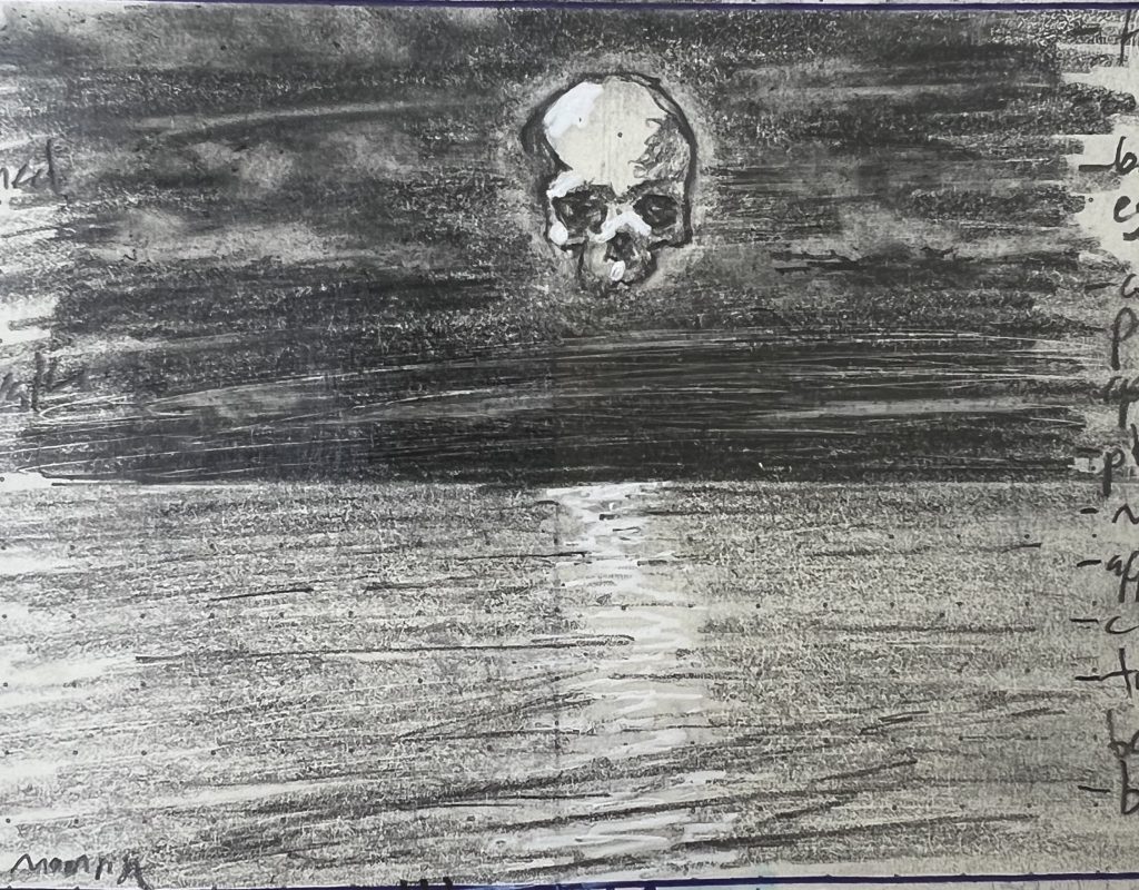 A pencil sketch of the moon setting over Lake Michigan