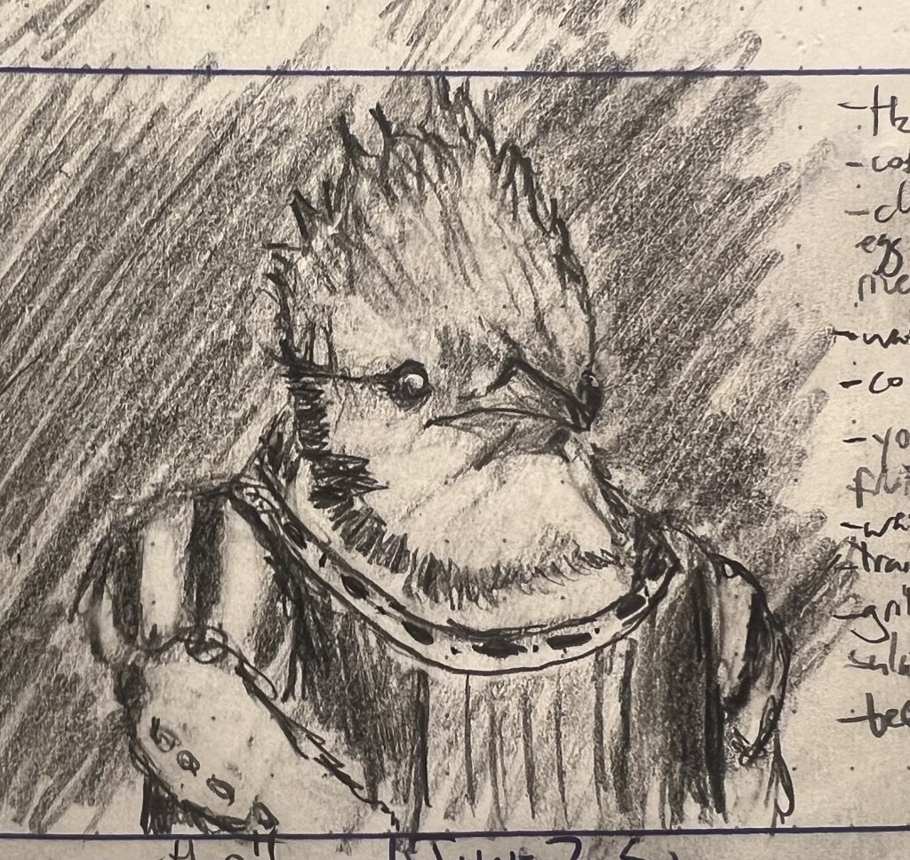 A pencil sketch of Henry the 8th, if he'd been an American blue jay instead of a fat British dude.