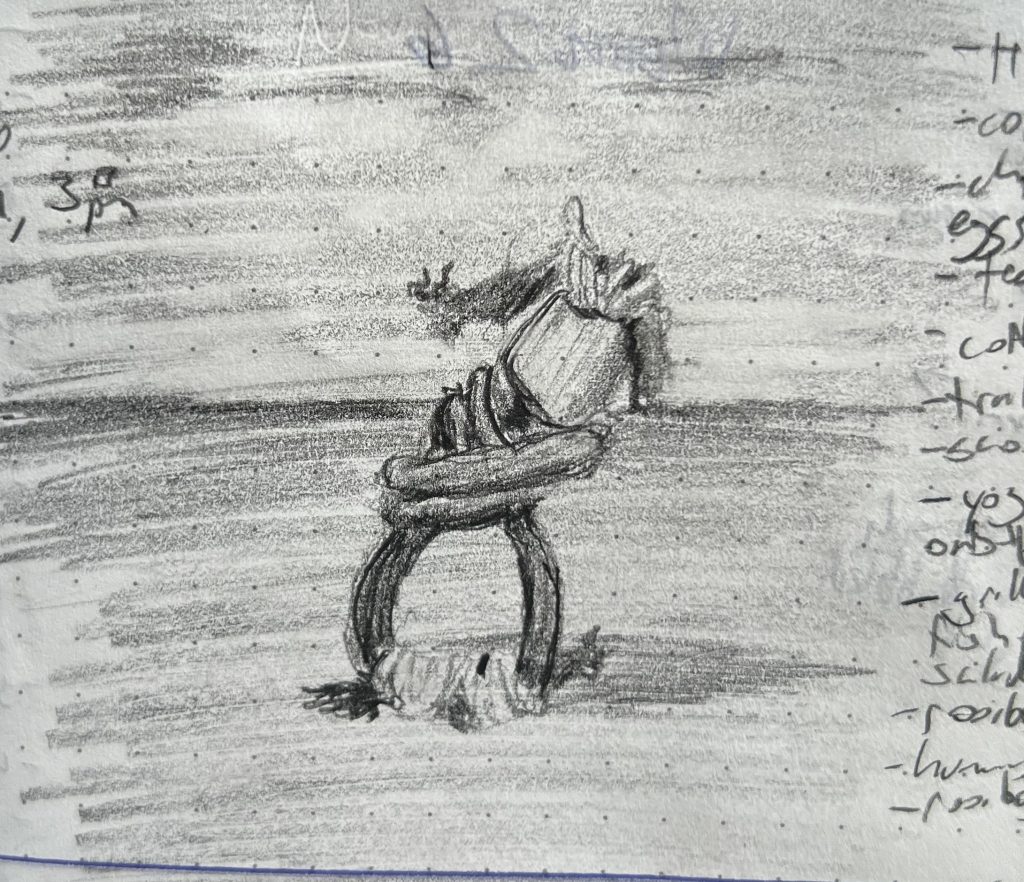 A pencil sketch of a figure made of a knotted hair tie. The lil guy looks like he's straight-jacketed, standing on a desolate plain