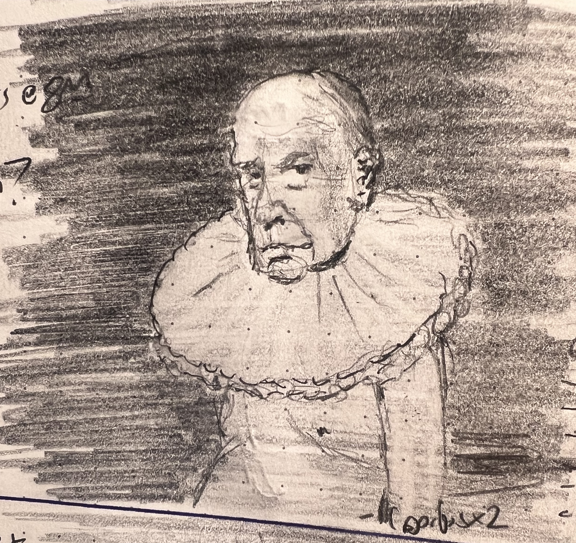 Pencil sketch of an old naked man wearing a clown's ruff.