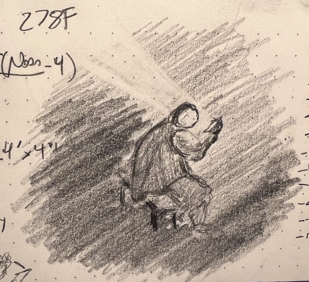 Pencil sketch of a partly seated person staring into their phone, its light blasting through them