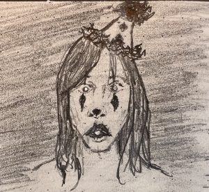 pencil sketch of a terrified and appalled young woman, but she's also a clown