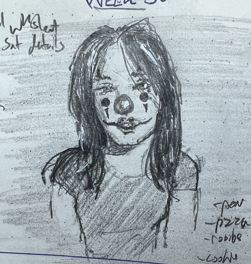 A "clownified" sketch of a young woman.