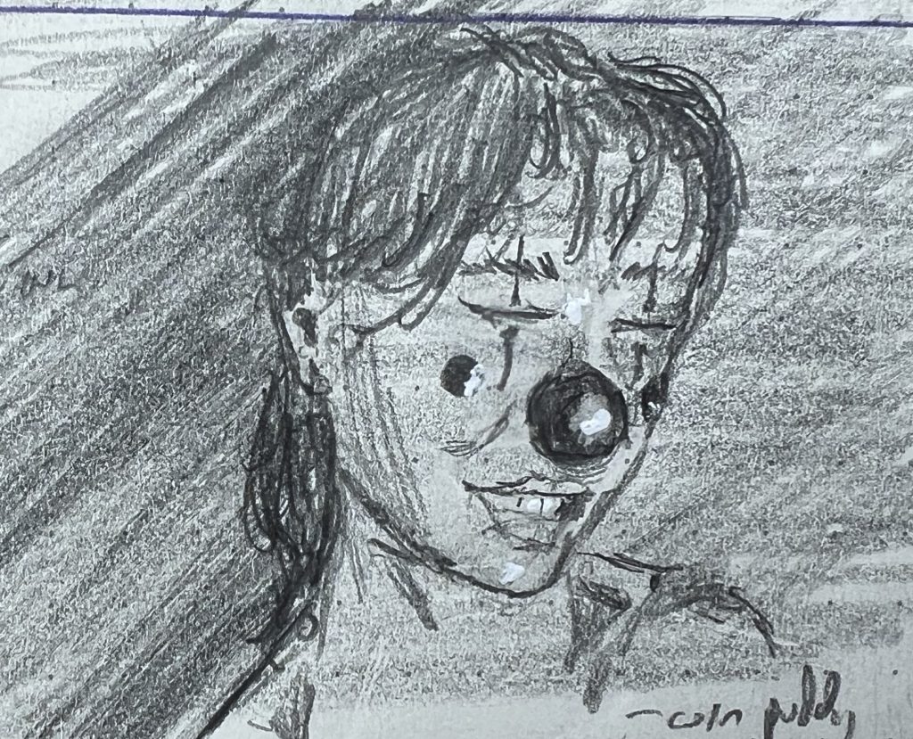 A pencil sketch of a cute girl, clownified.
